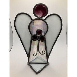 Vintage Stained-Glass Angel With Boutique Of Flowers White Purple Free Standing